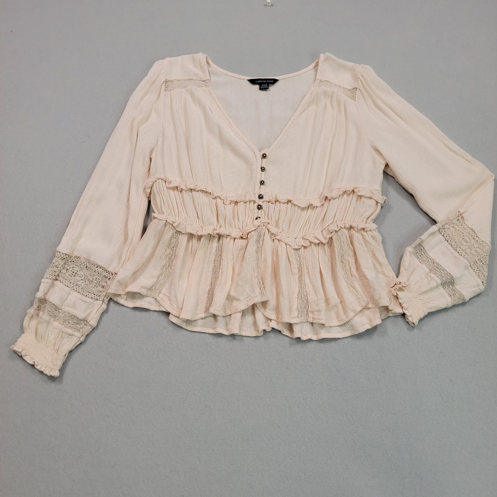 American Eagle Womens Small Peach Lace Boho Peplum Top Long Sleeve V-Neck Ruffle